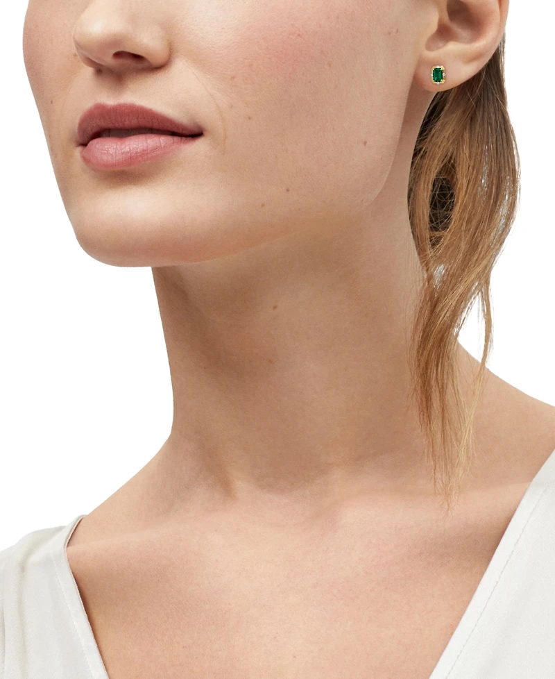 Macy's Lab-Grown Emerald (1-1/10 ct. t.w.) & Diamond (1/20ct. t.w.) Stud Earrings in 14k Yellow Gold-Plated Sterling Silver