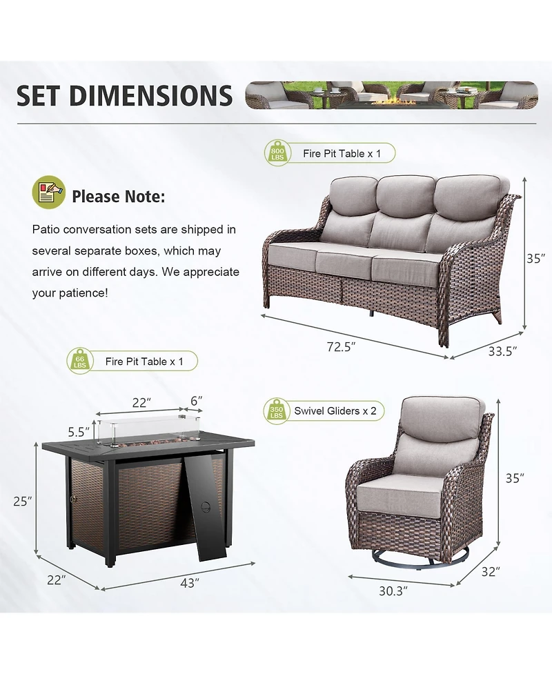 Pocassy Outdoor Patio Furniture Sets with Firepit Table, Conversation 1 3-Seater Sofa, 2 Swivel Sofa 6inch Thick Cushion