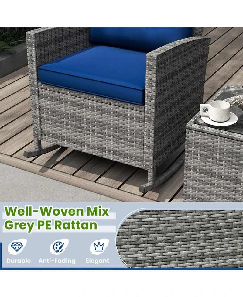 Sugift 3-Piece Rattan Patio Rocking Chair Set with Tempered Glass Side Table