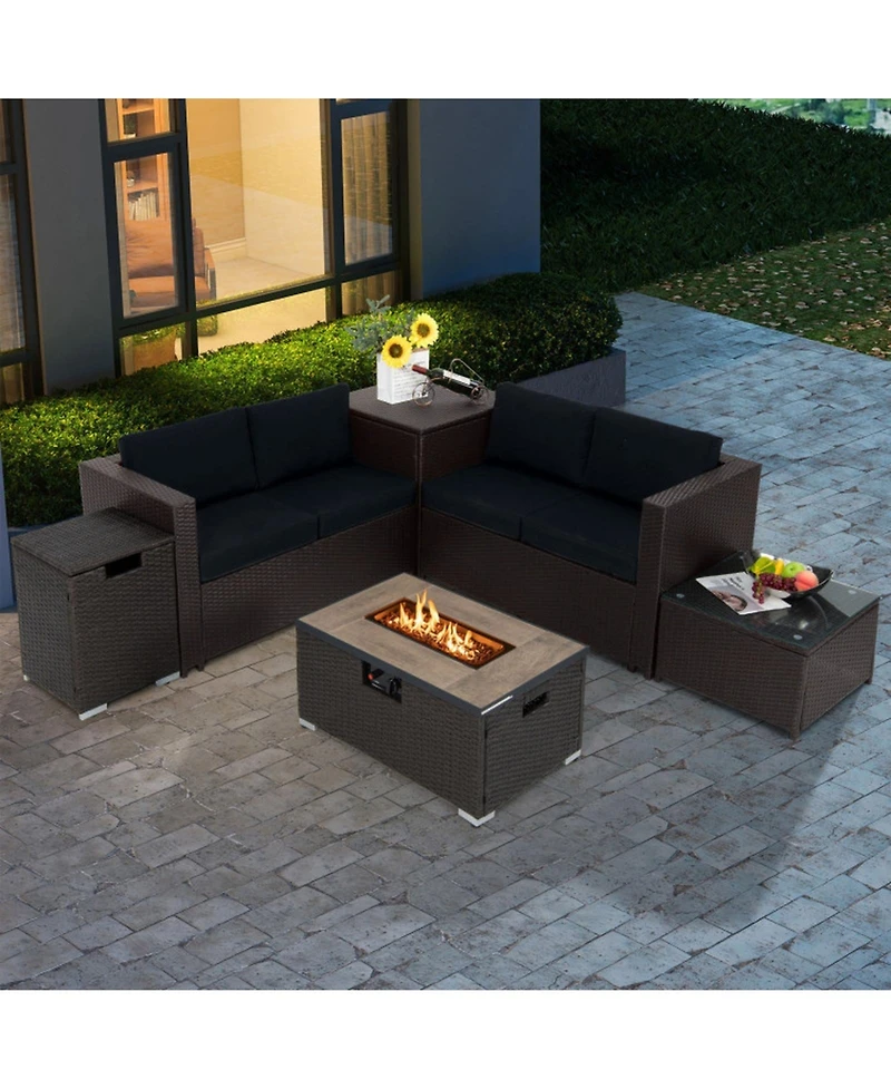 Sugift 6-Piece Outdoor Wicker Furniture Set with 32 in Propane Fire Pit Table