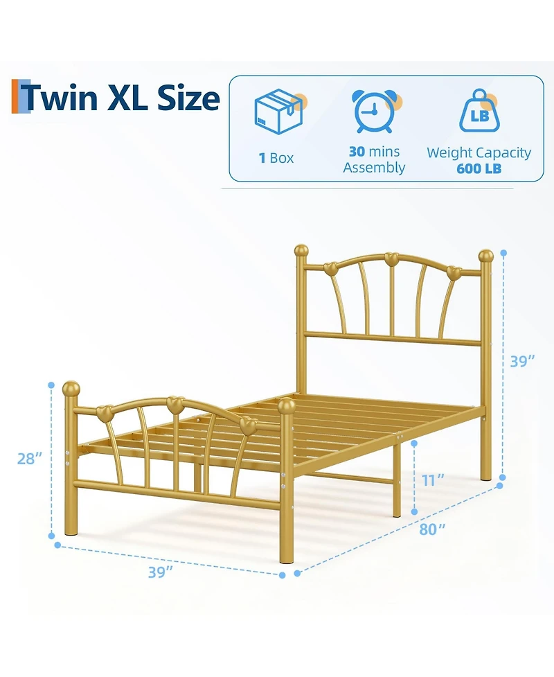 homfan Twin Xl Heart Shaped Bed Frame, Metal Platform Bed with Headboard and Underbed Storage for Bedroom, No Box Spring Needed
