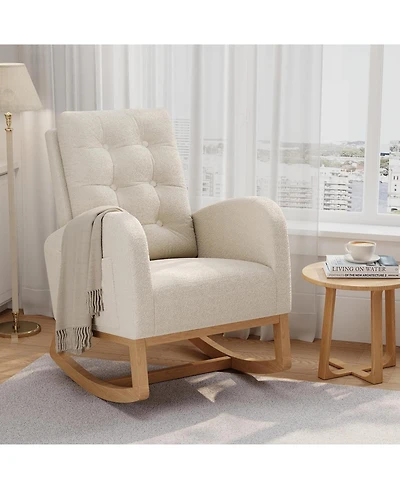 gaomon Nursery Rocking Chair, Teddy Fleece Upholstery, Sturdy Wooden Legs and High Backrest, Comfortable Glider Rocking Chair