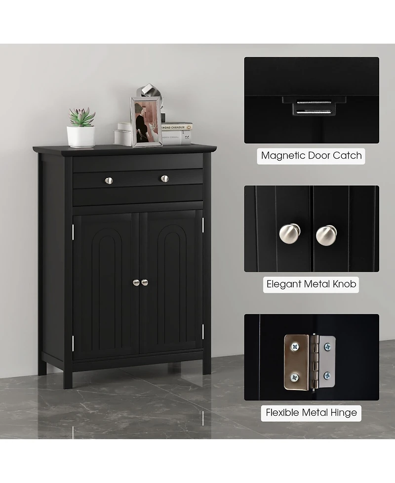 Gymax Bathroom Floor Cabinet Wooden Storage Organizer with Drawer & Doors Blcak