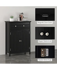 Gymax Bathroom Floor Cabinet Wooden Storage Organizer with Drawer & Doors Blcak