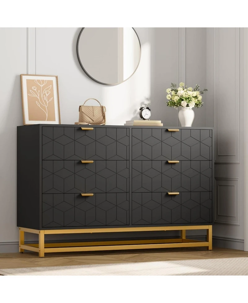 gaomon Grey Dresser for Bedroom, 6 Drawer with Metal Legs, Wood Dressers Chest Organizer Wide Storage, Modern of Drawers
