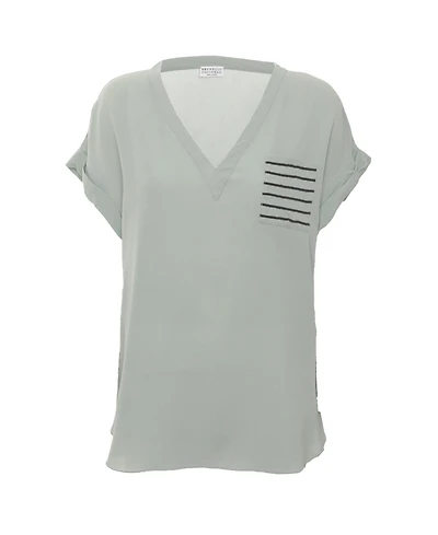 Pre-Owned Brunello Cucinelli Women's Beaded Stripe Pocket Crepe Tunic Top