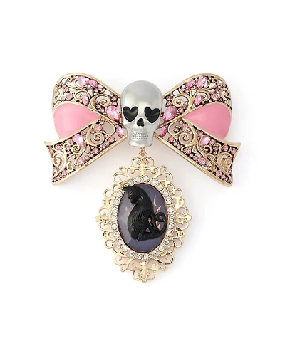 Betsey Johnson Faux-Stone Pretty Spooky Skull Bow Cat Cameo Brooch