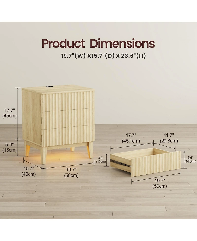 Vlsrka 19.7" Wide 3-Drawer Nightstand with Charging Station and Motion Sensor Led Light