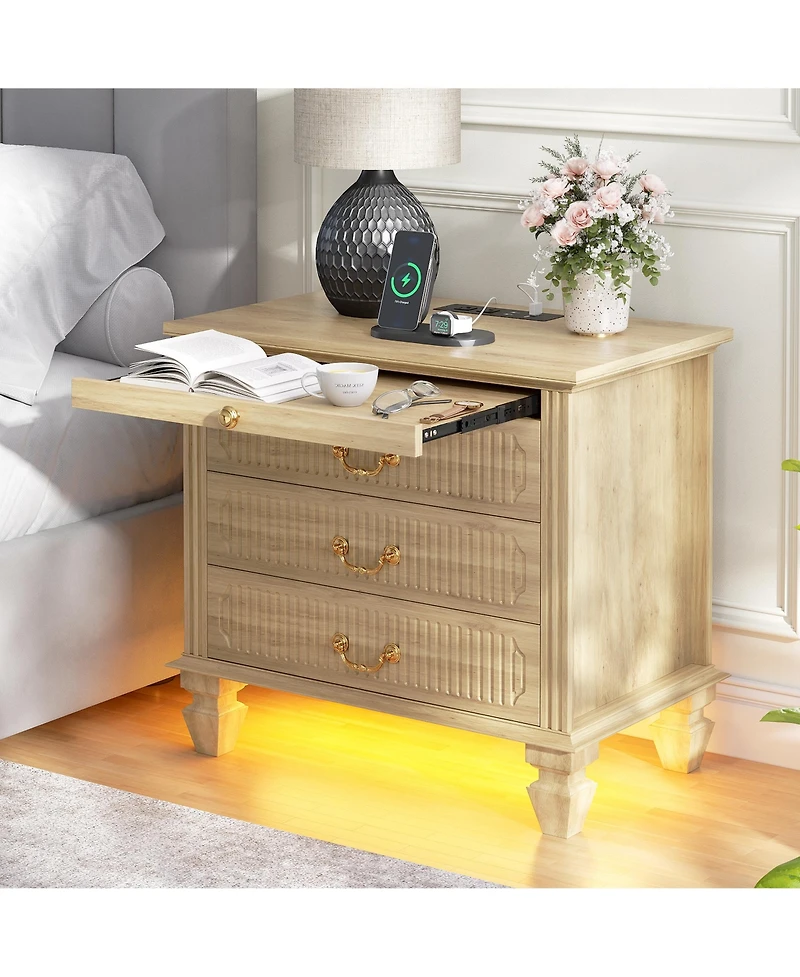Vlsrka 25.6" Solid Wood Nightstand with 4 Drawers, Charging Station and Led Light