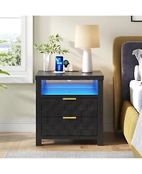 Vlsrka 25.6" Wide 2-Drawer Nightstand with Charging Station, Built-in Outlets and Usb Ports, Led Light Bedside Table, Modern Bedroom End Table