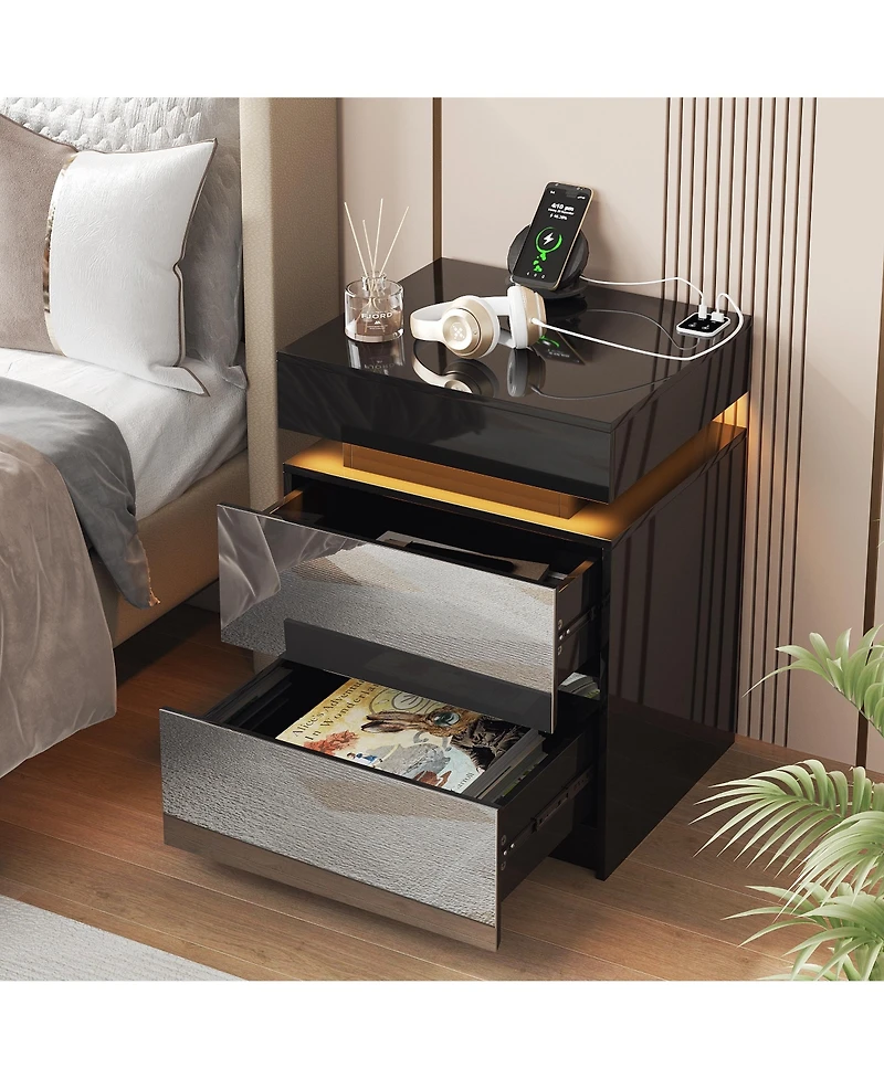 Vlsrka Mirrored Nightstand with 2 Drawers and Motion Sensor Light, Modern Bedside Table