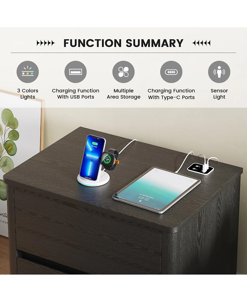Vlsrka Modern Wooden Nightstand with Motion Sensor Light and 2 Drawers