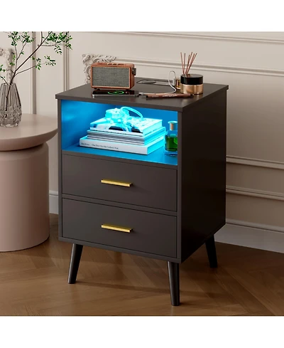 Vlsrka 25.6'' H Nightstand with Hidden Drawer, Charging Station, Usb Ports and Sensor Led Lights, Modern Bedside Table for Bedroom