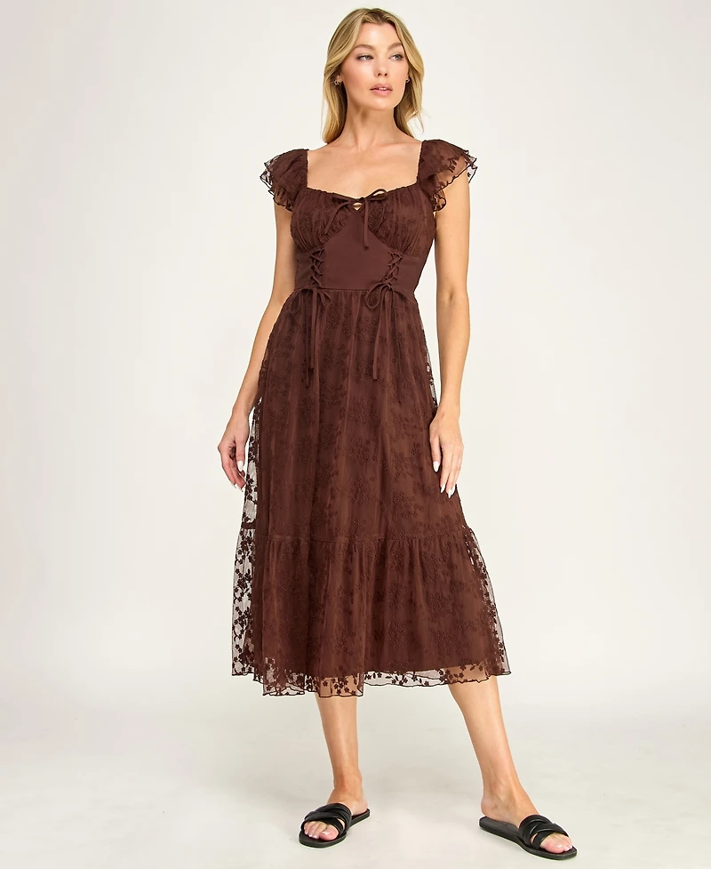 Row A Juniors' Sweetheart-Neck Flutter-Sleeve Lace Dress
