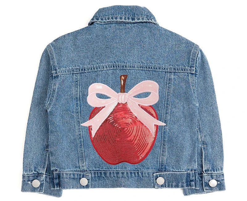 Sweet Wink Toddler Girls Apple Bow Sequin Patch Denim Jacket