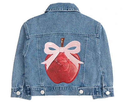 Sweet Wink Toddler Girls Apple Bow Sequin Patch Denim Jacket