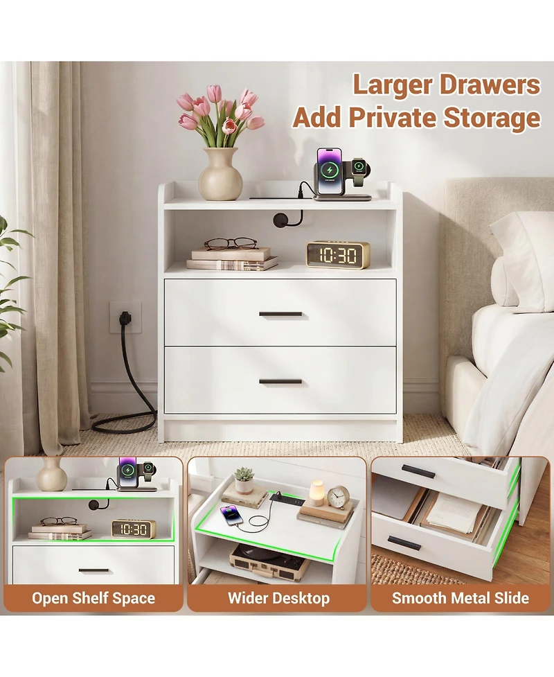 Aheaplus Nightstand with Charging Station, Sofa Side Table with Drawers