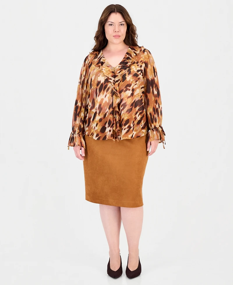 Tahari Plus V-Neck Long-Sleeve Ruffle Blouse