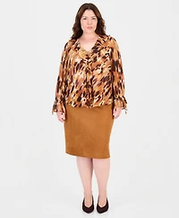 Tahari Plus V-Neck Long-Sleeve Ruffle Blouse
