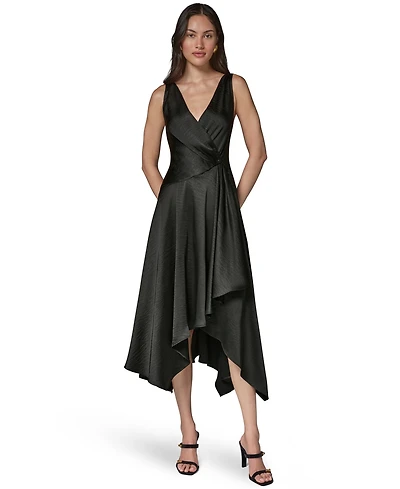 Donna Karan New York Women's Satin Sleeveless Surplice-Neck Draped A-Line Midi Dress