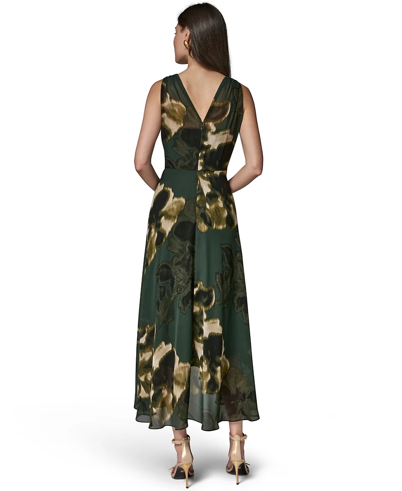 Donna Karan New York Women's Sleeveless Printed Chiffon Surplice Neck Dress