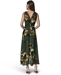 Donna Karan New York Women's Sleeveless Printed Chiffon Surplice Neck Dress