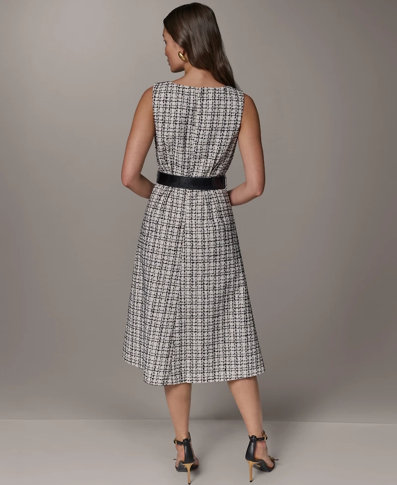 Donna Karan New York Women's Sleeveless Plaid Tweed Belted A-Line Dress