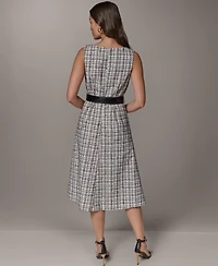 Donna Karan New York Women's Sleeveless Plaid Tweed Belted A-Line Dress