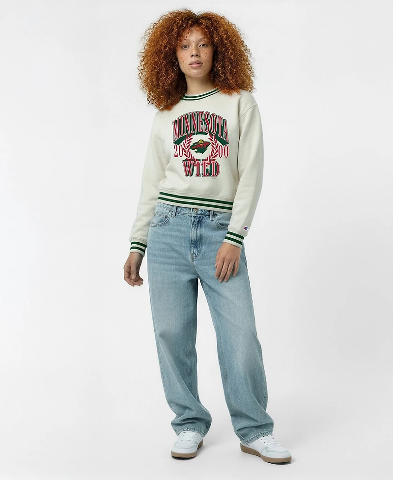 Champion Women's Cream Minnesota Wild Bold Laurels Reverse Weave Yarn Crewneck Sweatshirt