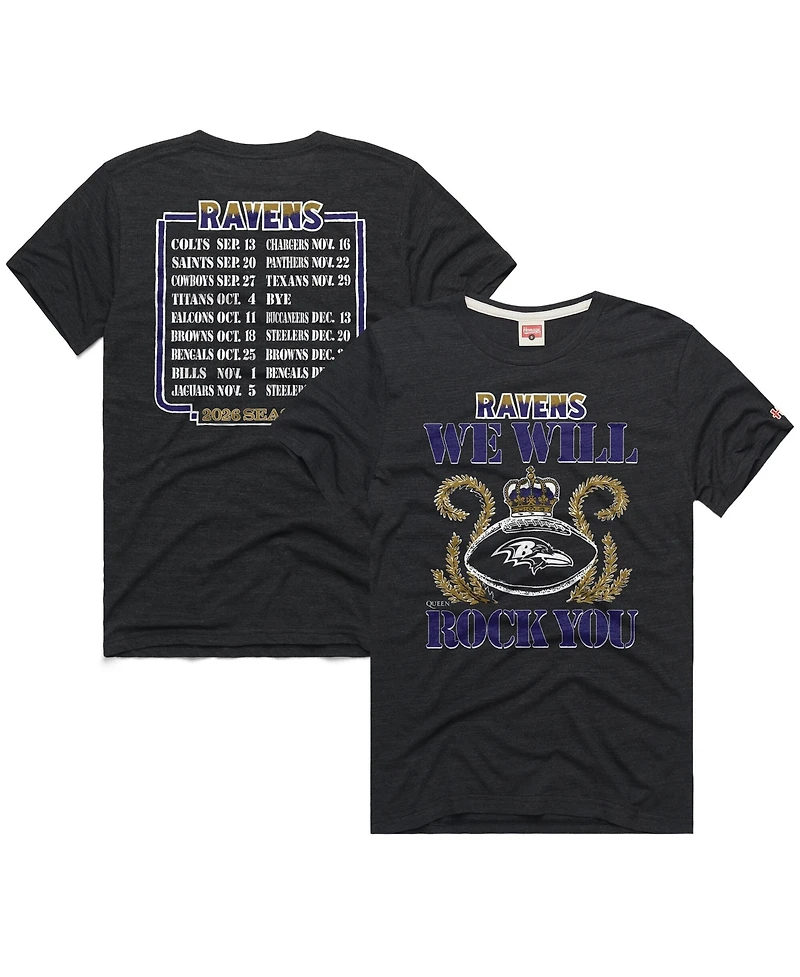 Homage Men's and Women's Charcoal Baltimore Ravens 2026 Nfl Schedule Queen Tri-Blend T-Shirt