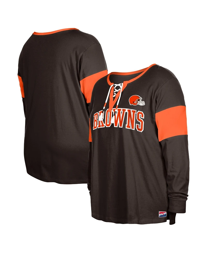 New Era Women's Brown Cleveland Browns Plus Lace-Up Notch Neck Long Sleeve T-Shirt