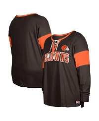 New Era Women's Brown Cleveland Browns Plus Lace-Up Notch Neck Long Sleeve T-Shirt