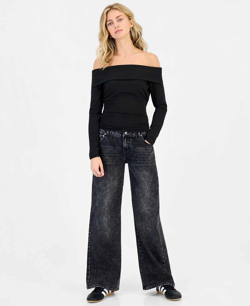 Dollhouse Juniors' Wide-Leg Leopard Star Patch Jeans