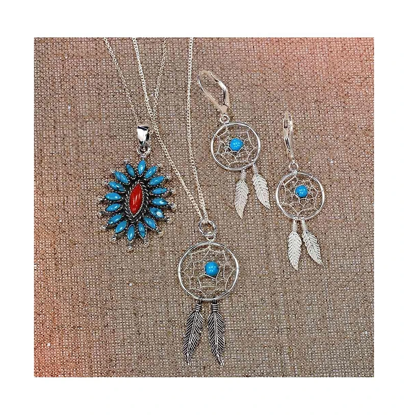 Bling Jewelry Western Synthetic Turquoise Accent Feathers Leaf Dream Catcher Pendant Necklace For Women s Oxidized Sterling Silver