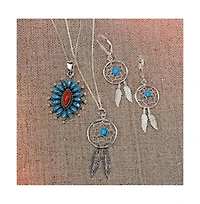 Bling Jewelry Western Synthetic Turquoise Accent Feathers Leaf Dream Catcher Pendant Necklace For Women s Oxidized Sterling Silver