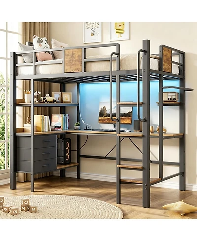 gaomon Twin Loft Bed with Desk and Stairs, Heavy Duty Rgb Led Lights, Charging Station, 3 Fabric Storage Drawers 2 Open Shelves