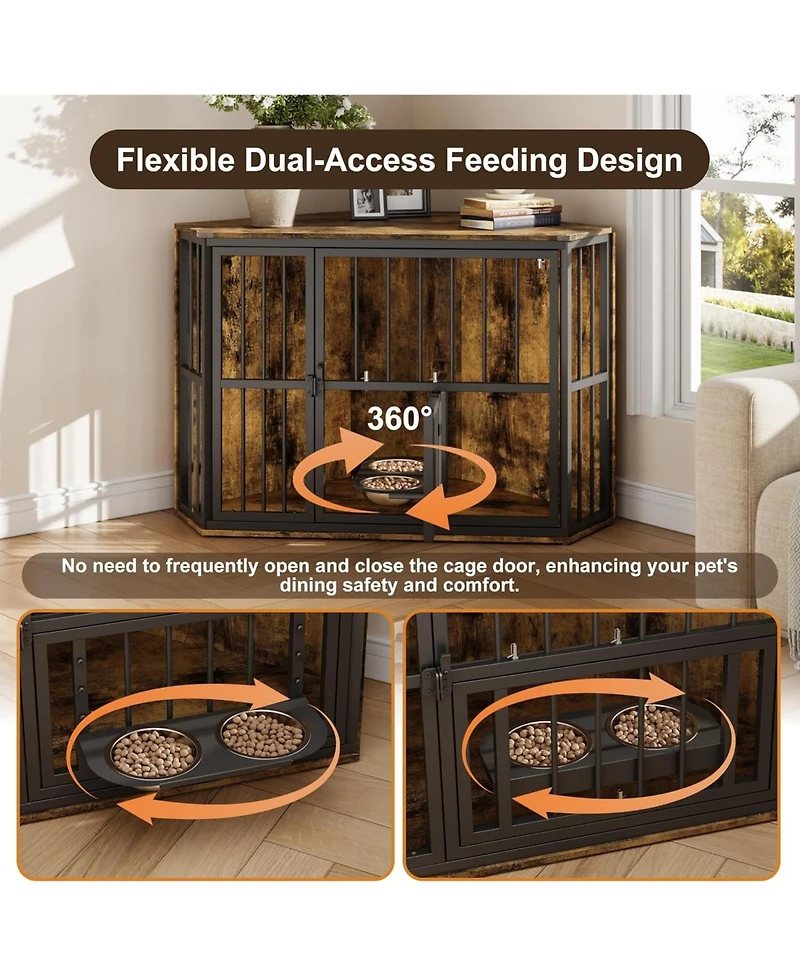 gaomon Corner Dog Crate Furniture, Wooden Dog Kennel Indoor with Feeding Bowls and Revolving Door, Decorative Dog Crate End Table