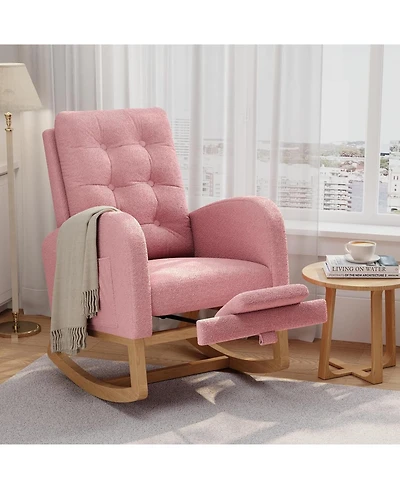 gaomon Nursery Rocking Chair with Adjustable Footrest, Teddy Fleece Upholstery, Sturdy Wooden Legs and High Backrest