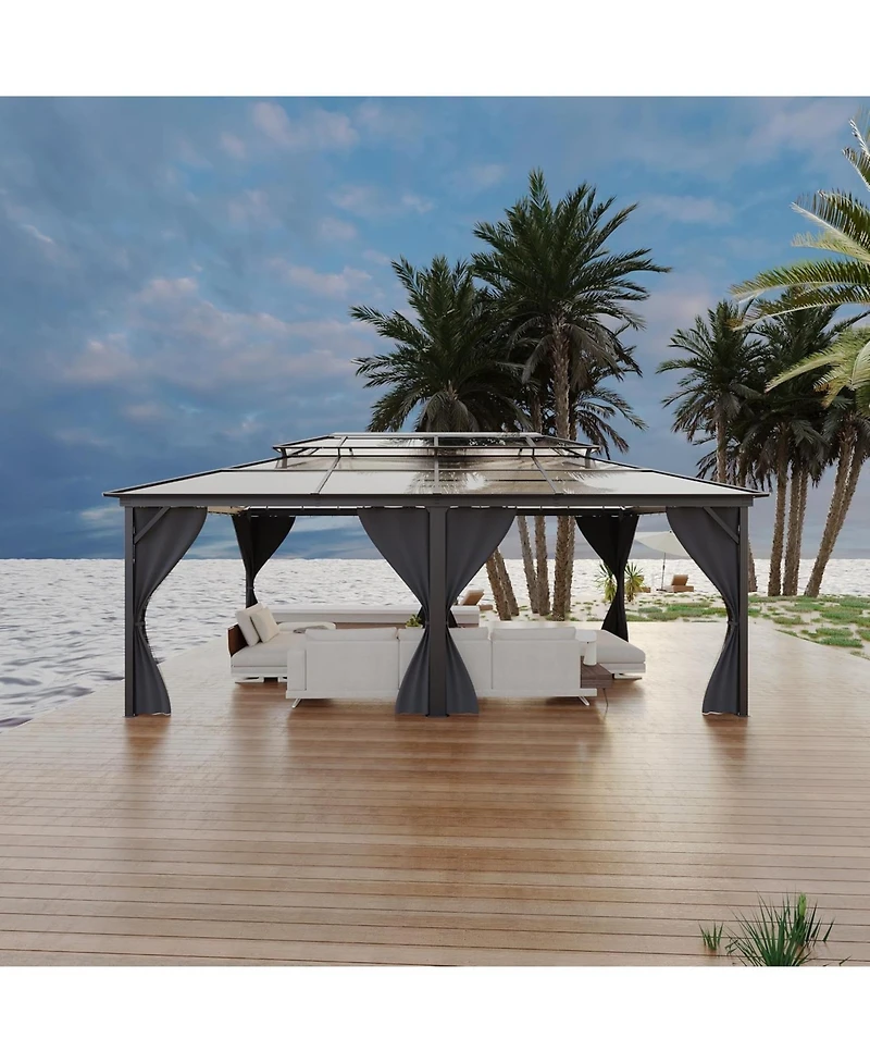gaomon Hardtop Gazebo 12x20 Feet, with Double Polycarbonate Roof, Aluminum Alloy Frame, Net, and Curtain, Permanent Building of Backyard Luxury