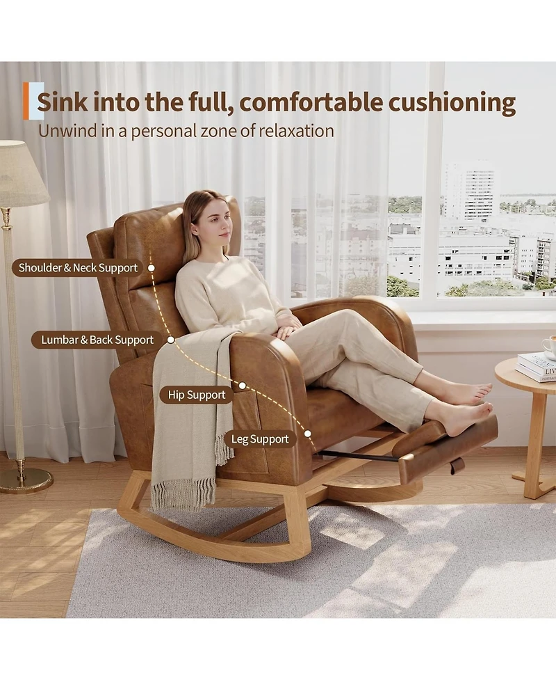 gaomon Pu Leather Rocking Chair with Footrest, Modern Nursery Glider Chair with Side Pockets and Pillow