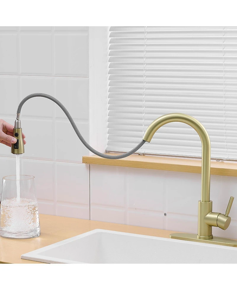 Phying Nickel Gold Kitchen Sink Faucet with Deck Plate Kitchen Faucets with Pull out Sprayer Single Handle Kitchen Faucet