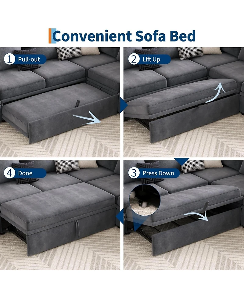 gaomon Chenille Fabric Sectional Couches with Pull-Out Bed and Large Storage for Living Room, Sturdy Wooden Frame Tool-Free Assembly