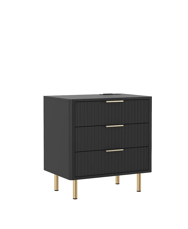 Clihome Modern Nightstand with Storage Cabinet, Charging Station, Bed Table Night Light