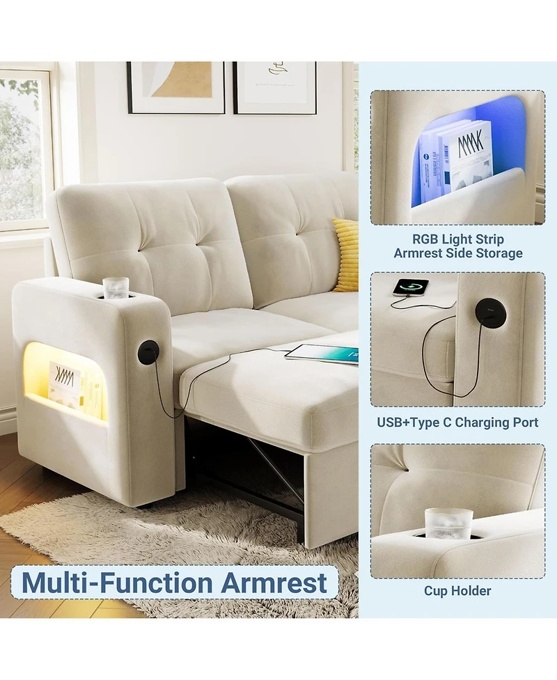 gaomon 84 Inch Sleeper Sofa Couch for Living Room, L-Shaped Sofa, Convertible Pull Out Sofa Bed with Storage, Charging Station, Led Lights