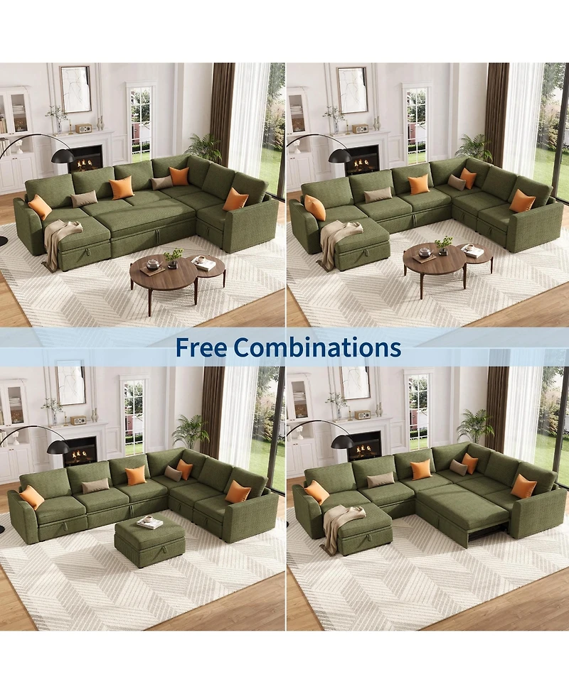 gaomon U-Shaped Corduroy Sectional Sleeper Sofa for Living Room – 7-Seater Modular Couch with Pull-Out Bed – Storage Ottoman