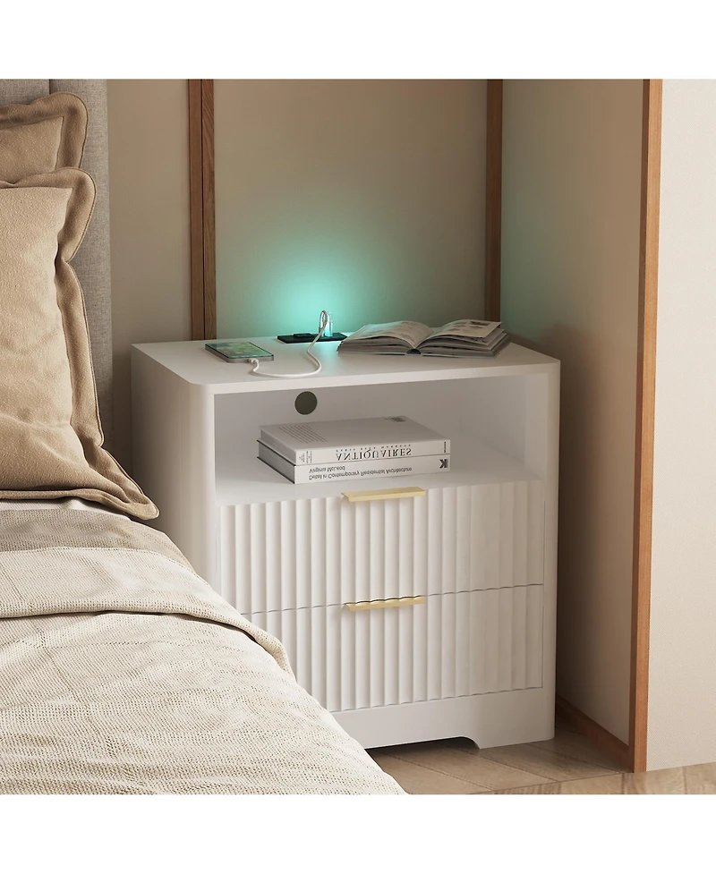 Clihome Modern Bedside Tables with Storage Cabinet, Nightstand Night Light and Charging Station