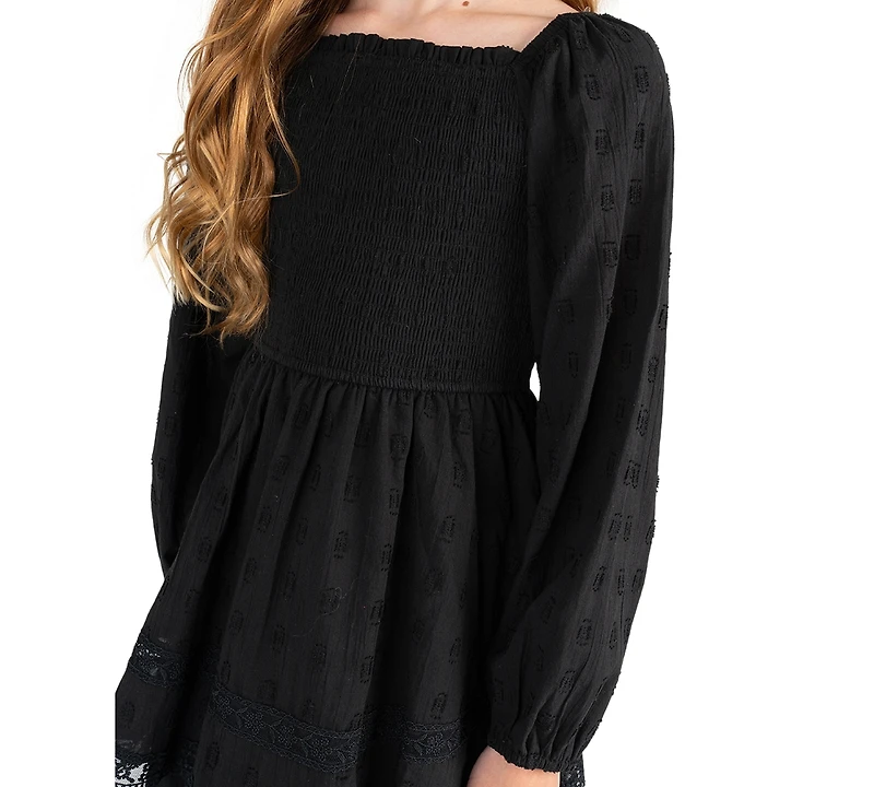 Rare Editions Girls' 7-14 Textured Clip Dot Smocked Bodice Long-Sleeve Dress