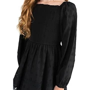 Rare Editions Girls' 7-14 Textured Clip Dot Smocked Bodice Long-Sleeve Dress