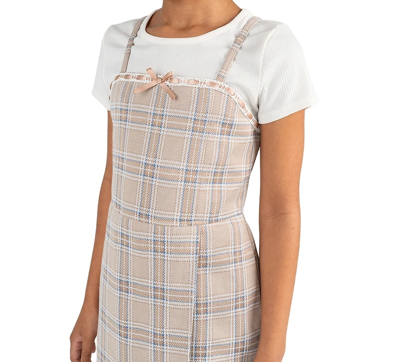 Rare Editions Girls' 7-16 Short-Sleeve T-Shirt and Plaid Woven Overlap Skirt Romper, 2-Piece Set