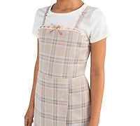 Rare Editions Girls' 7-16 Short-Sleeve T-Shirt and Plaid Woven Overlap Skirt Romper, 2-Piece Set